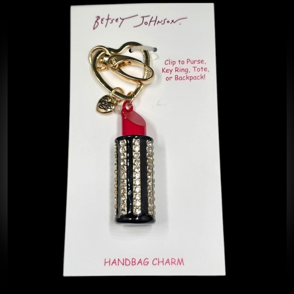 BETSEY JOHNSON Fire Engine Red Lipstick Crystal-Studded Bag Charm Keychain NWT